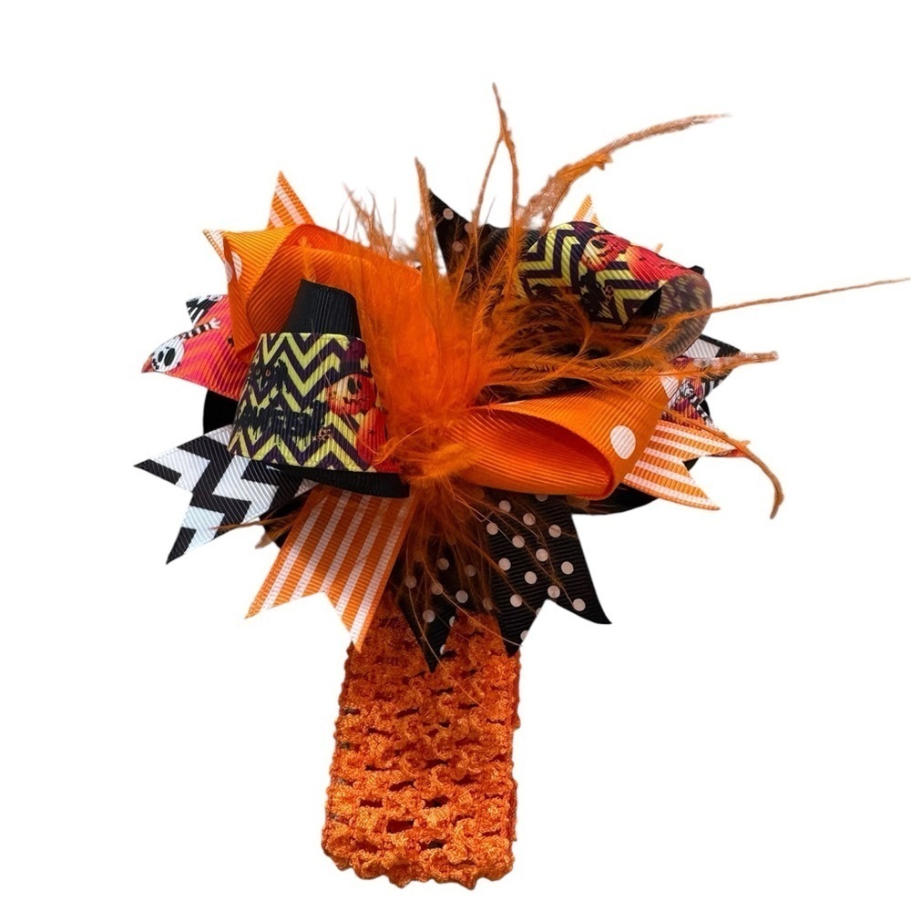 Baby girls halloween headband Orange and Black Hair Bow with Feathers festive